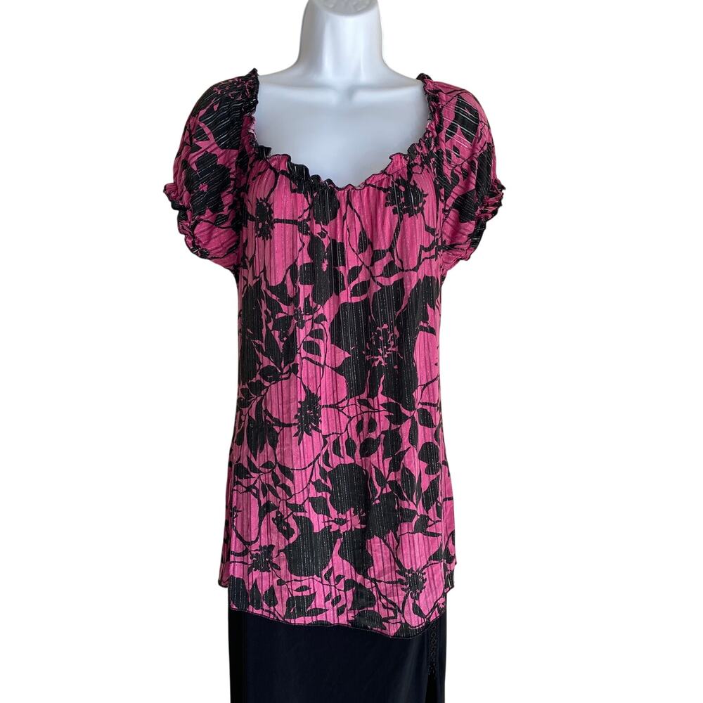 Y2K Liz LA Womens Plus Size 1X Boho Stretch Glitter Sheer Summer Floral Blouse